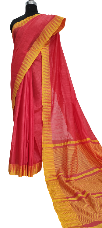 Pink & Yellow Handcrafted Kota Silk Saree.