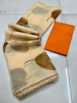 Peach Pure Organza Flower Design Saree