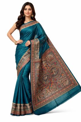 Sea Blue Pure Handwoven Madhubani Tussar Silk Saree from Bihar