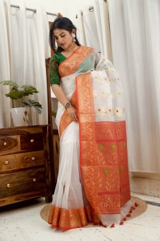 White Pure Handloom Muslin Banarasi Saree