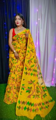 Mustard Yellow Pure Handloom Dhakai Jamdani Saree From Bengal