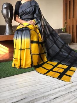 Black Grey Yellow Hand Block Printed Chanderi Silk Saree From Rajasthan