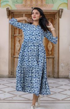 White Bagru Hand Block Printed Cotton Frill One Piece From Rajasthan