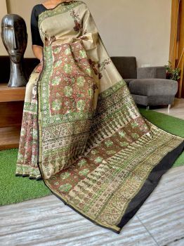 Cream Hand Block Printed Chanderi Silk Saree From Rajasthan