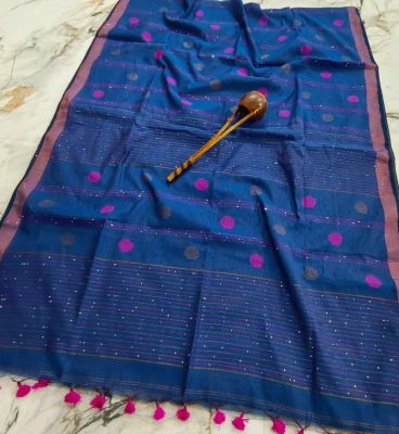 Navy Blue Pure Handloom Cotton Saree From Bengal