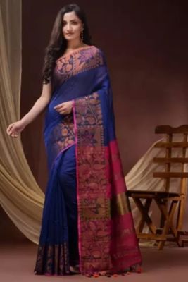 Navy Blue Pure Handloom Silk Cotton Saree From Banaras