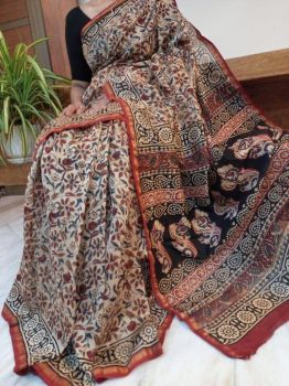 Multicolor Hand Block Printed Chanderi Silk Saree From Rajasthan