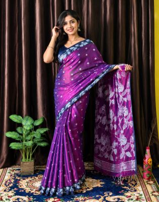 Magenta Pure Handloom Silk Tissue Saree From Bengal
