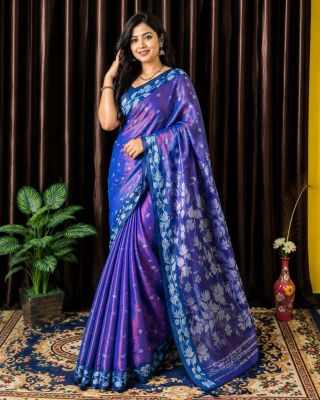 Royal Blue Pure Handloom Silk Tissue Saree From Bengal