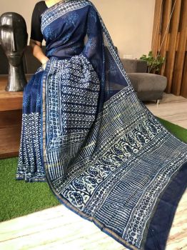 Navy Blue White Hand Block Printed Chanderi Silk Saree From Rajasthan