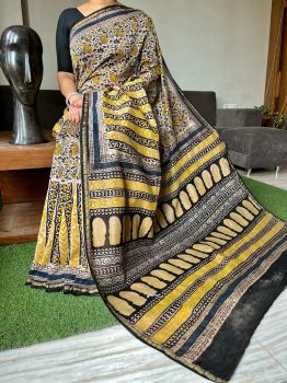 Multicolor Hand Block Printed Chanderi Silk Saree From Rajasthan