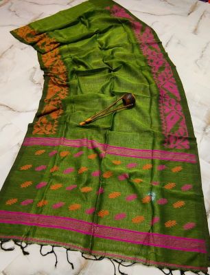 Mehandi Green Pure Handloom Linen By Linen Saree From Bengal