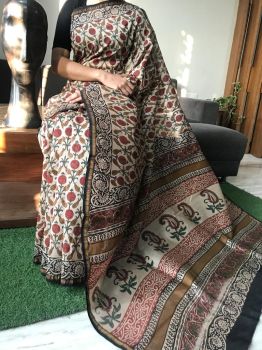 Multicolor Hand Block Printed Chanderi Silk Saree From Rajasthan