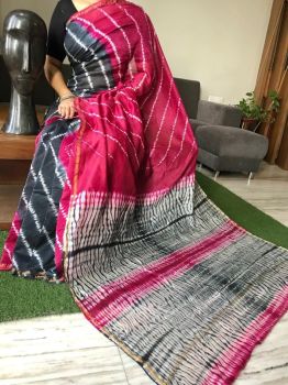 Pink Black White Hand Block Printed Chanderi Silk Saree From Rajasthan