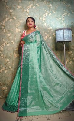 Aqua Blue Pure Handloom Tissue Silk Saree From Bengal