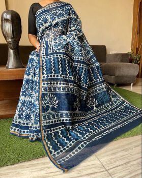 Blue White Hand Block Printed Chanderi Silk Saree From Rajasthan