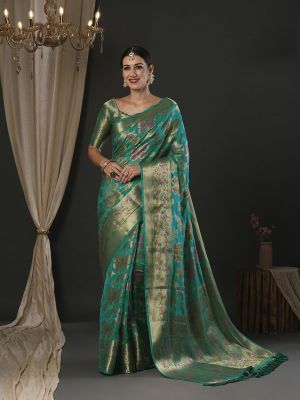 Teal Pure Handloom Organza Saree
