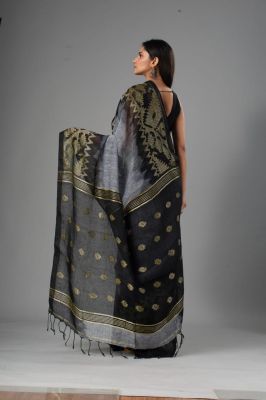 Gray Black Pure Handloom Linen By Linen Saree From Bengal