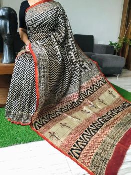 White Black Hand Block Printed Chanderi Silk Saree From Rajasthan