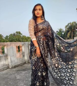 Black Leaf Design Pure Handloom Soft Dhakai Jamdani Saree