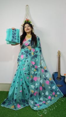 Aqua Blue Pure Handloom Cotton Saree From Bengal
