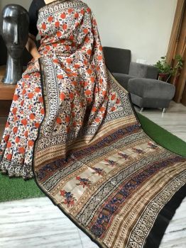 Multicolor Hand Block Printed Chanderi Silk Saree From Rajasthan