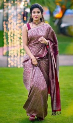 Wine Berry Pure Handloom Silk Saree From Banaras