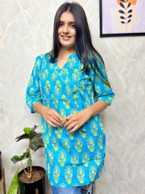 Sky Blue Pure Handloom Printed Kurti From Bengal