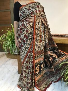 Multicolor Hand Block Printed Chanderi Silk Saree From Rajasthan
