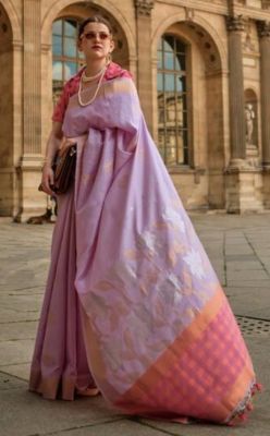Light Lavender Pure Handloom Silk Saree From Banaras