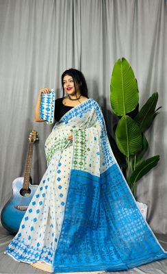 White Blue Pure Handloom Dhakai Jamdani Saree From Bengal