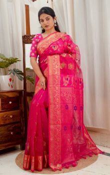 Dark Hot Pink Pure Handloom Muslin Banarasi Saree