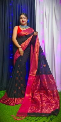 Black Pure Handloom Banswara Silk Saree From Bengal
