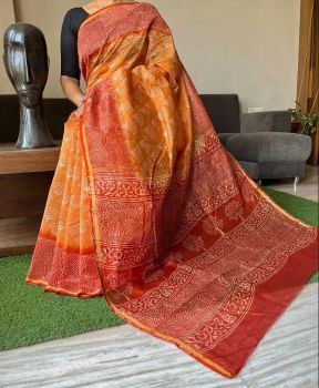 Red Orange Hand Block Printed Chanderi Silk Saree From Rajasthan