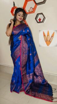 Dark Blue Pure Handloom Linen Cotton Saree From Bengal