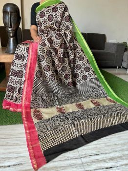 White Green Pink Hand Block Printed Chanderi Silk Saree From Rajasthan