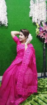 Pink Silk Cotton Saree Flower Design Saree From Bengal