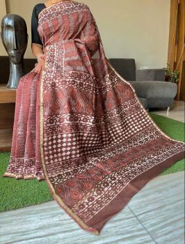 Maroon Hand Block Printed Chanderi Silk Saree From Rajasthan