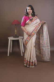 Cream Pure Handloom Tussar Silk Katha Stitch Saree From Bengal