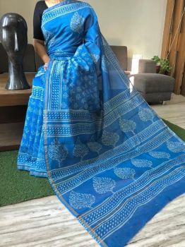 Blue Hand Block Printed Chanderi Silk Saree From Rajasthan