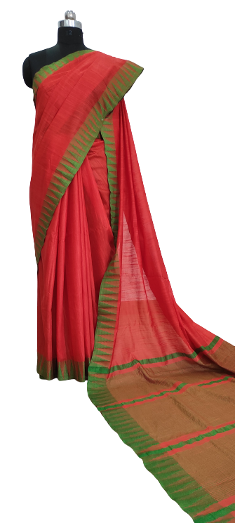 Red & Light Green Handcrafted Kota Silk Saree.