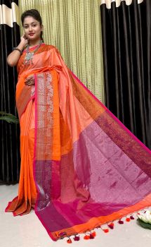 Orange Pure Handloom Tissue Saree From Bengal