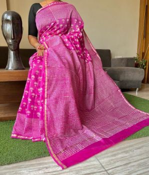 Pink Hand Block Printed Chanderi Silk Saree From Rajasthan