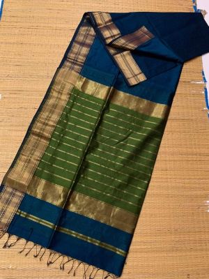 Navy Blue Green Pure Handloom Maheshwari Silk Cotton Saree From Bengal