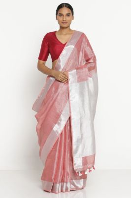 Pink Tissue Linen Pure Handloom Saree From Bhagalpur