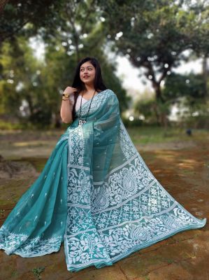 Teal Pure Handloom Dhakai Jamdani Saree From Bengal