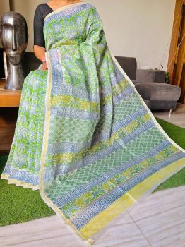 Blue Green Yellow Hand Block Printed Chanderi Silk Saree From Rajasthan