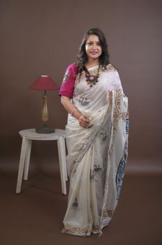 Off White Pure Handloom Katha Stitch Saree From Bengal