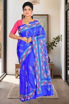 Royal Blue Handloom Kantha Stitch Saree From Bengal