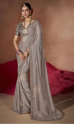 Gray Pure Handloom Georgette Saree From Banaras